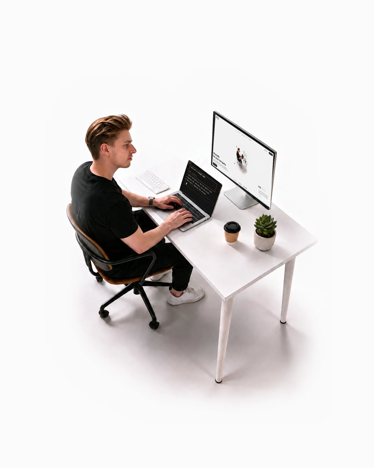 Een collega van de bijenkorf aan zijn bureau, met Claude Code open op de laptop en een paar bijen errond