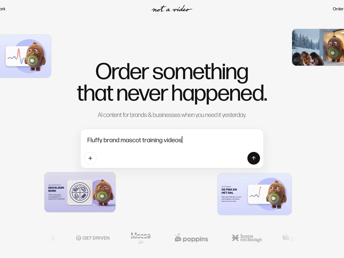The Not A Video homepage: Order something that never happened